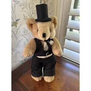 Collectibles Brown Plush Bear Vest and Black Hat Vintage With Stand